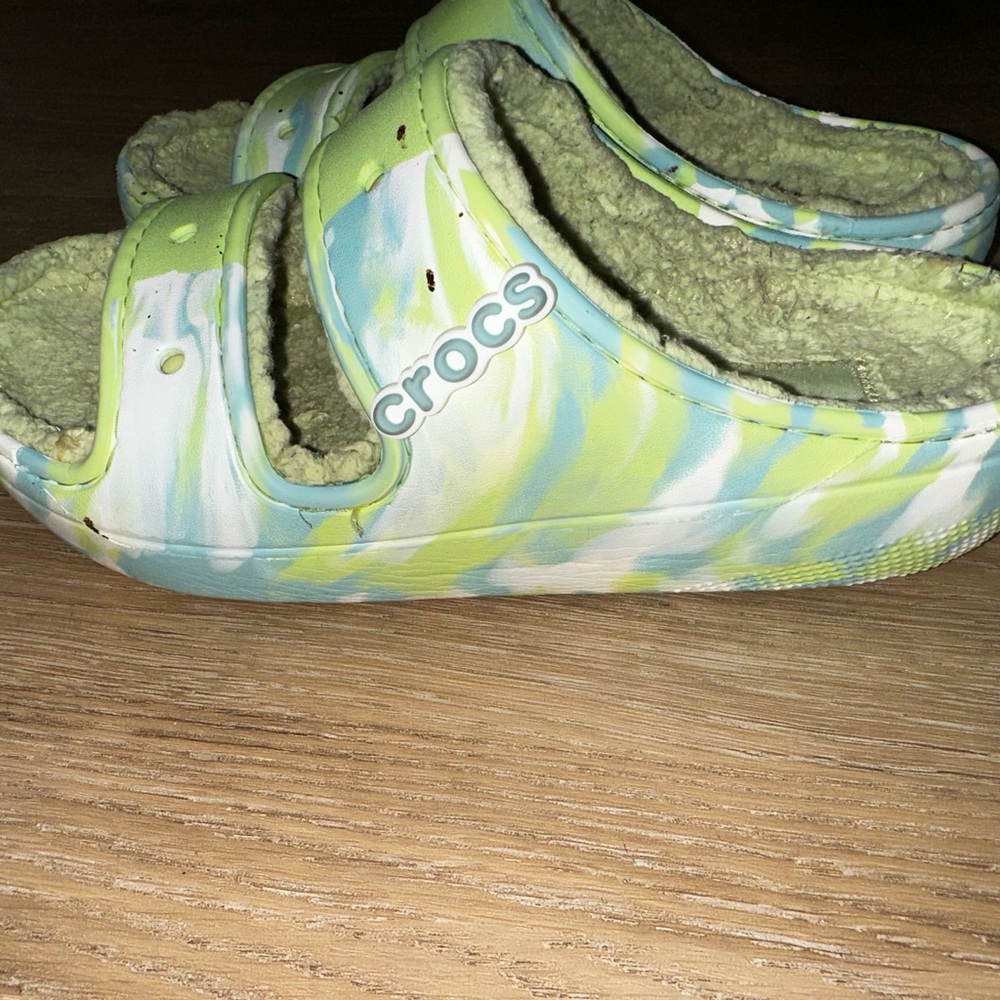 Green white and blue tye dye crocs